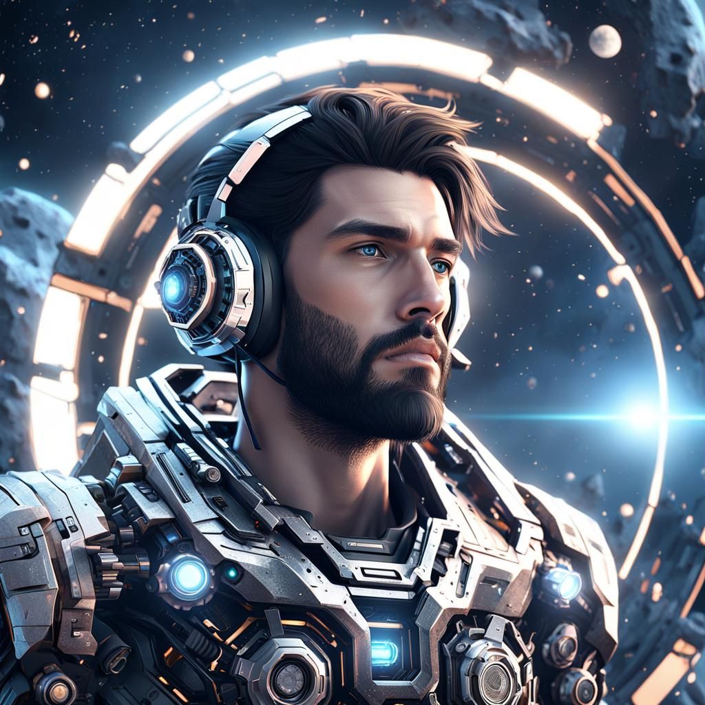 Boy Listening to Music in Space, Sci-Fi Art