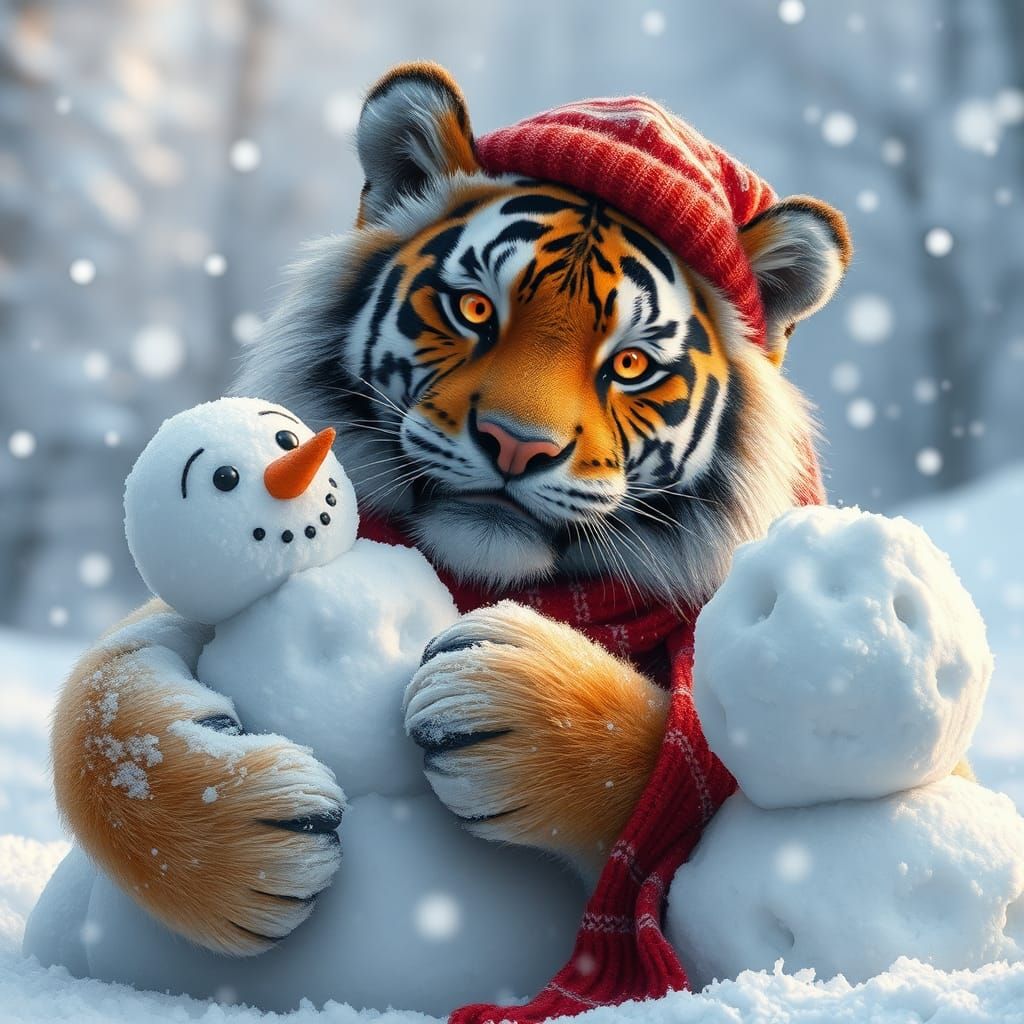 Tiger Builds Snowman in Winter Wonderland