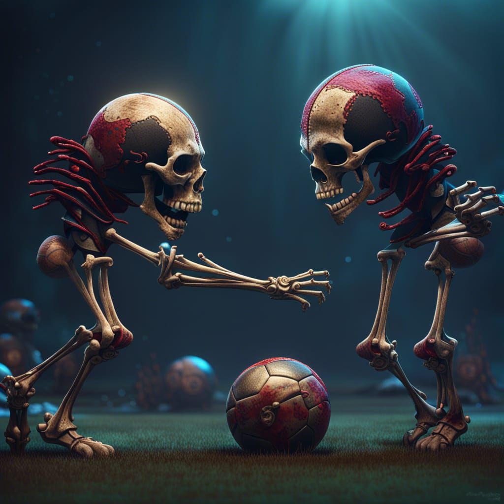 Headless Skeletons Play Skull Football in Detailed Matte Pai...
