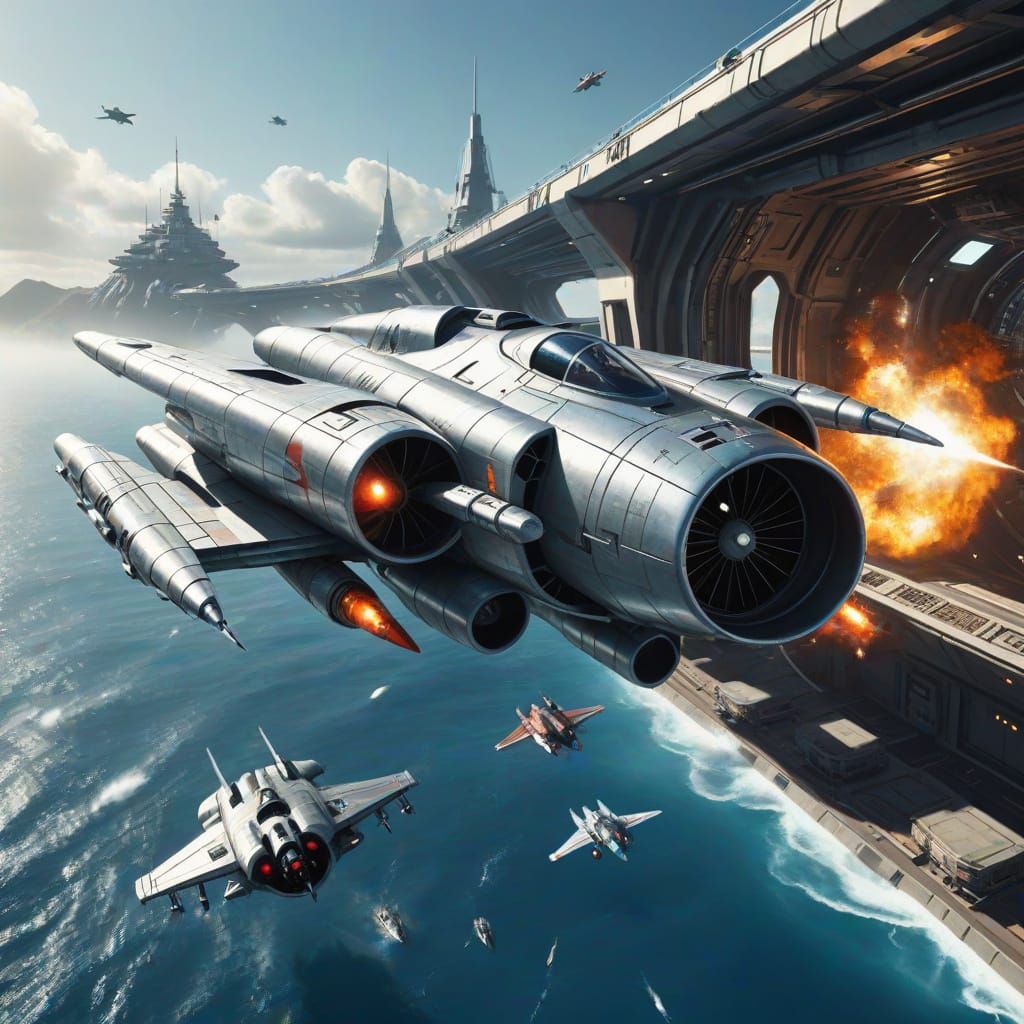 Cyberpunk Starfighter Launches from Docking Bay