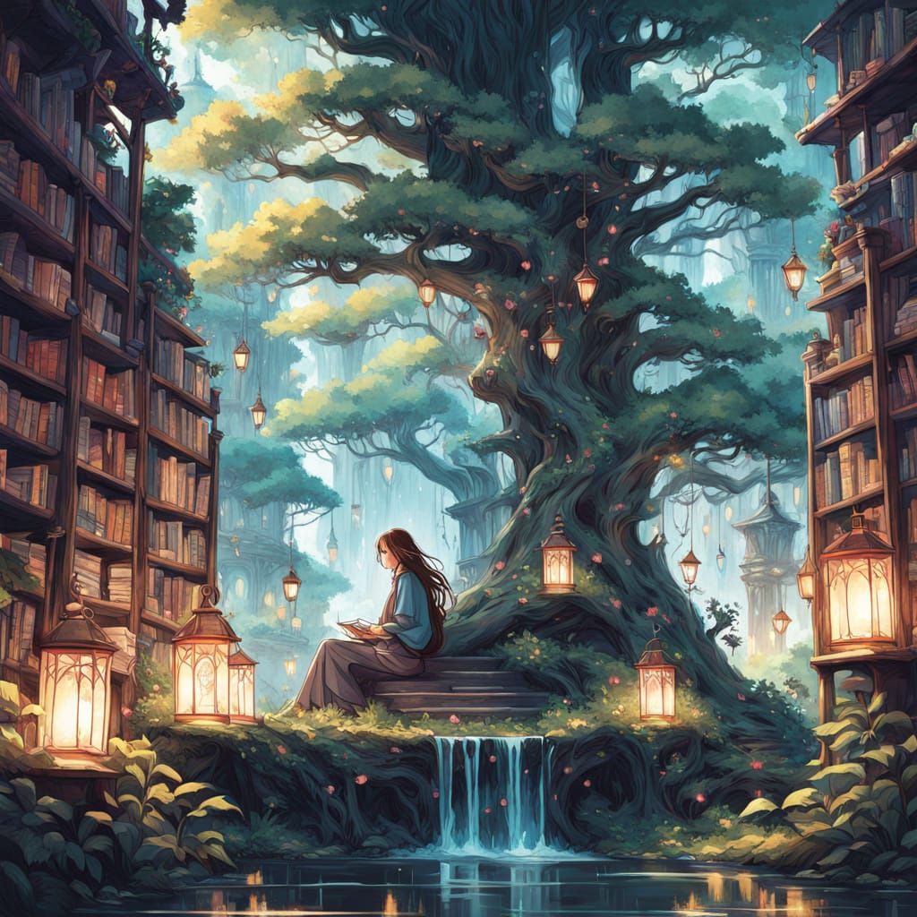 Whimsical Library of Ancient Tomes in a Colossal Tree