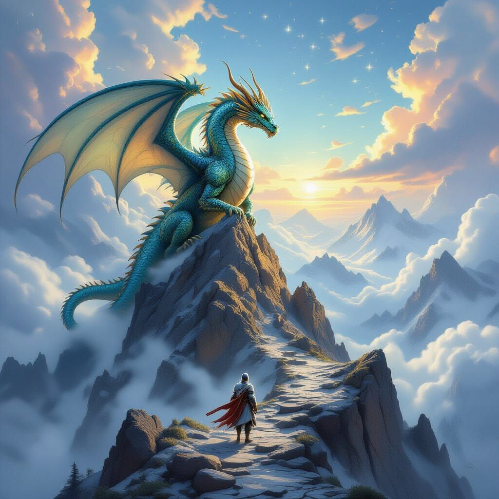 Dragon Perched Atop Mountain Peak in Heroic Fantasy Style