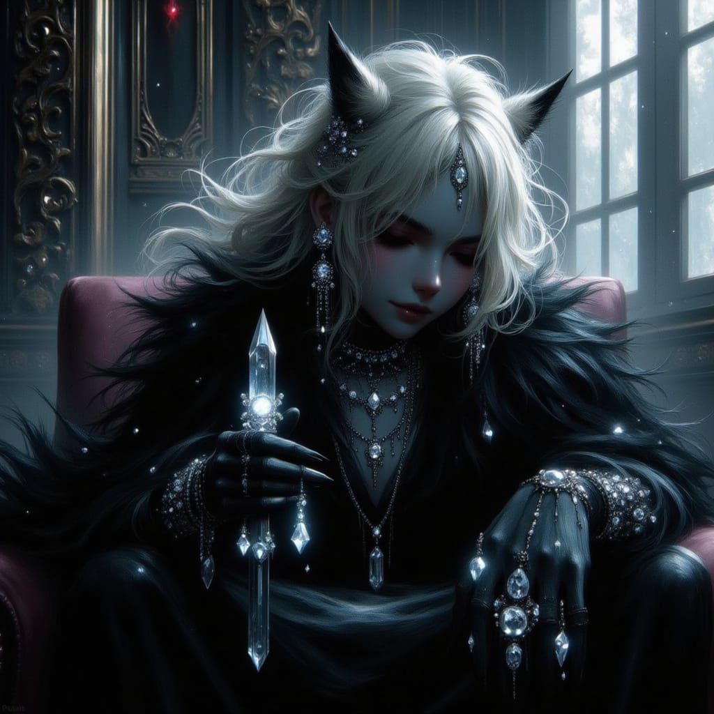 A male blond werewolf villain dripping with crystal and diamonds, skulking about in a secret tower room.<lora:karizma:1....