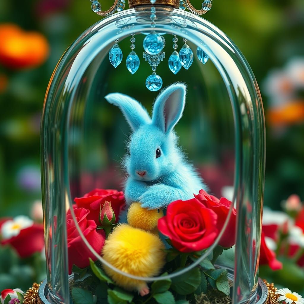 Azure Bunny Hugs Duckling Under Glass Dome
