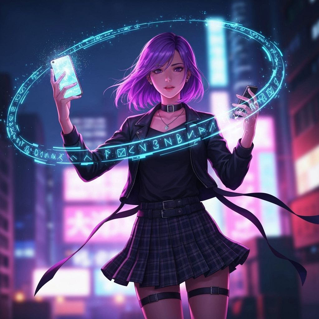 Purple-Haired Witch Casts Spells With Smartphone in Neon Cit...