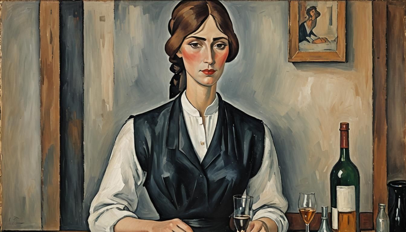 Bartender in Modigliani-Style Oil Painting, 1910