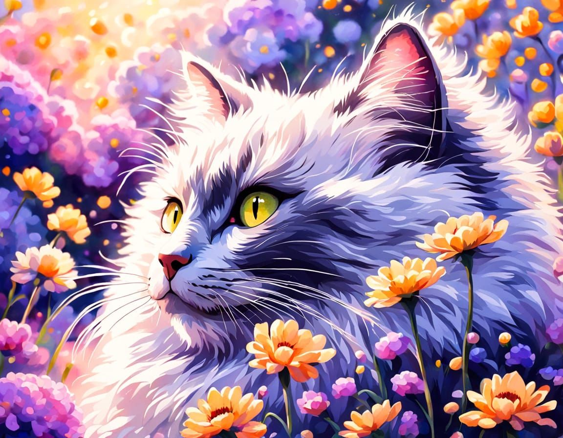 Black Angora Cat in Floral Pointillist World