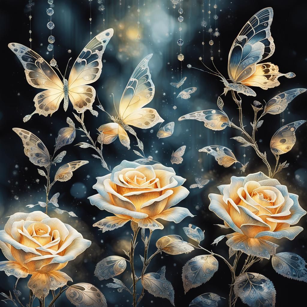Crystal Roses in Golden Haze: Watercolor Dreamscape