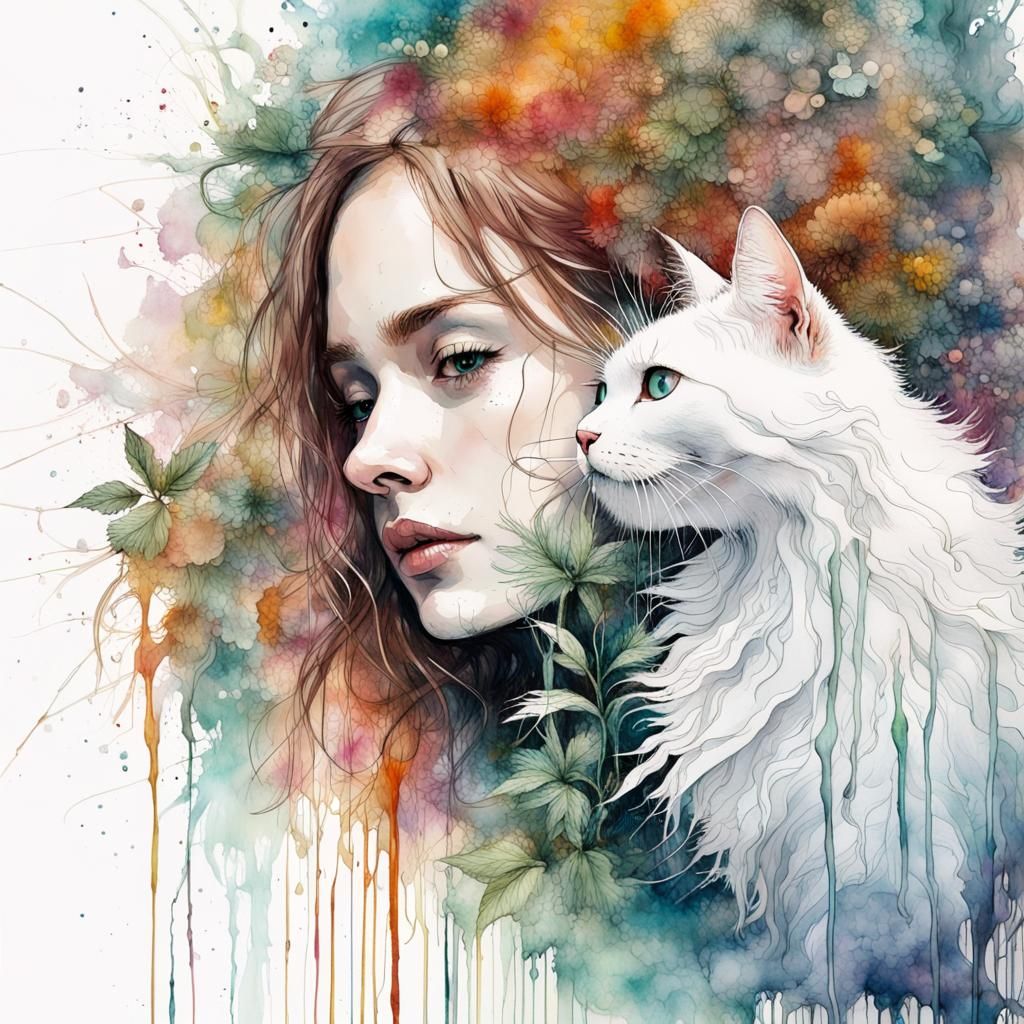 Watercolor Woman and Cat with Floral Details