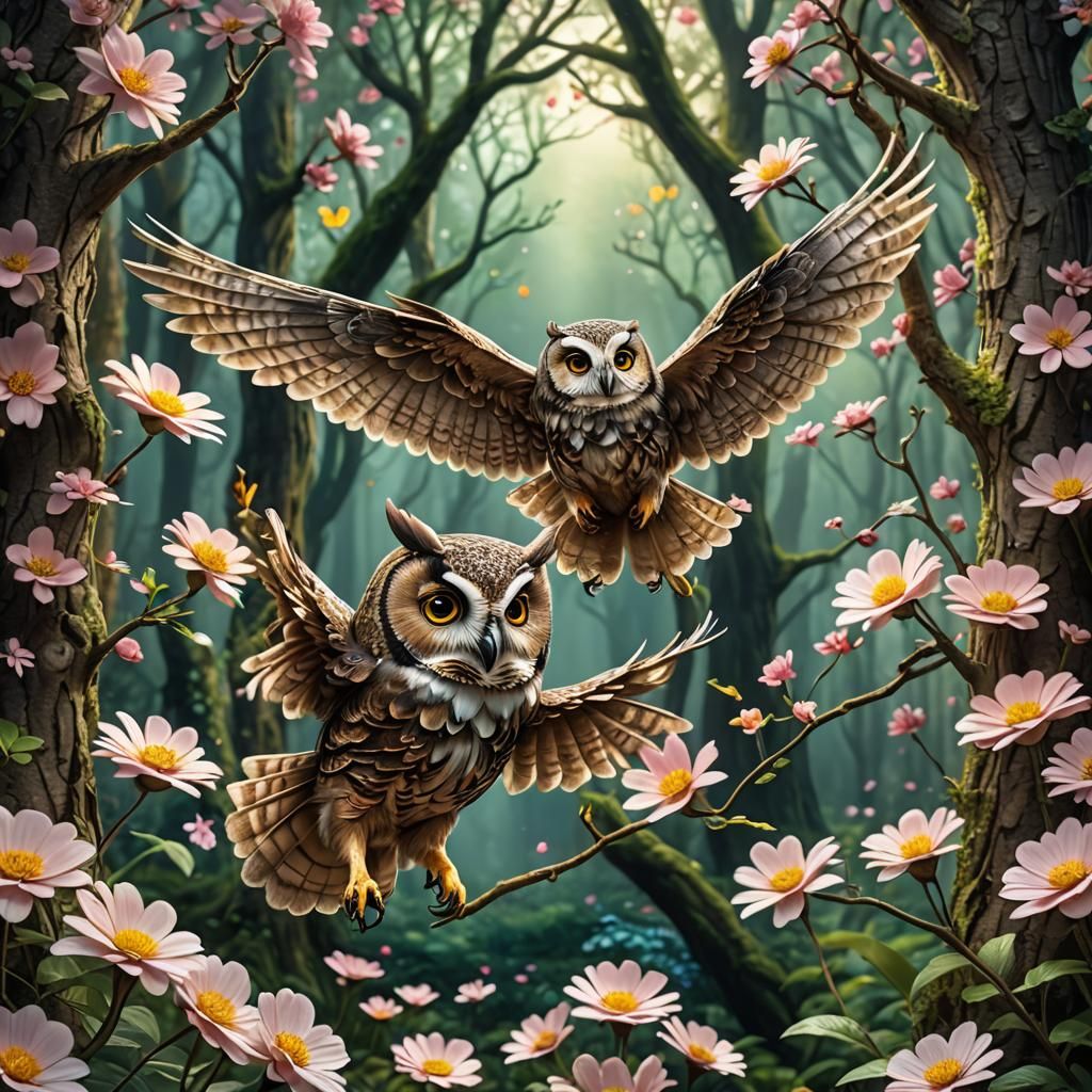 Chibi owl flying in the enchanted forest with blooming flowe...