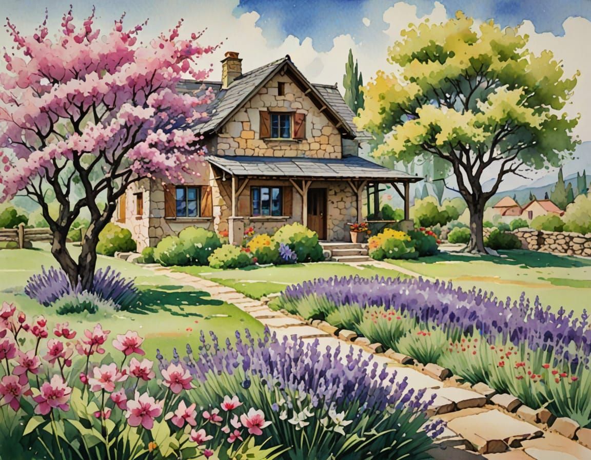Rustic Country House in Blooming Orchard: Watercolor & Ink