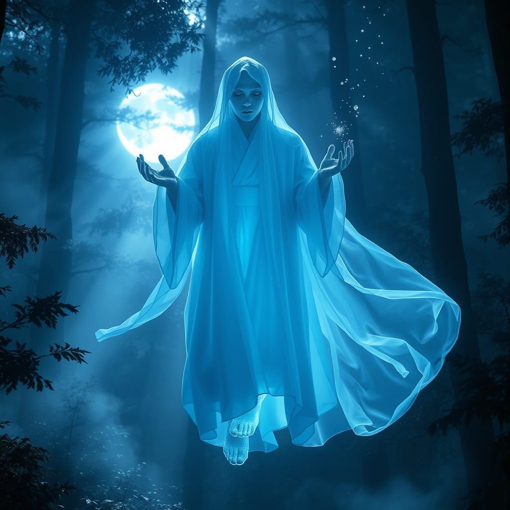 Ethereal Ghost in Misty Forest Clearing