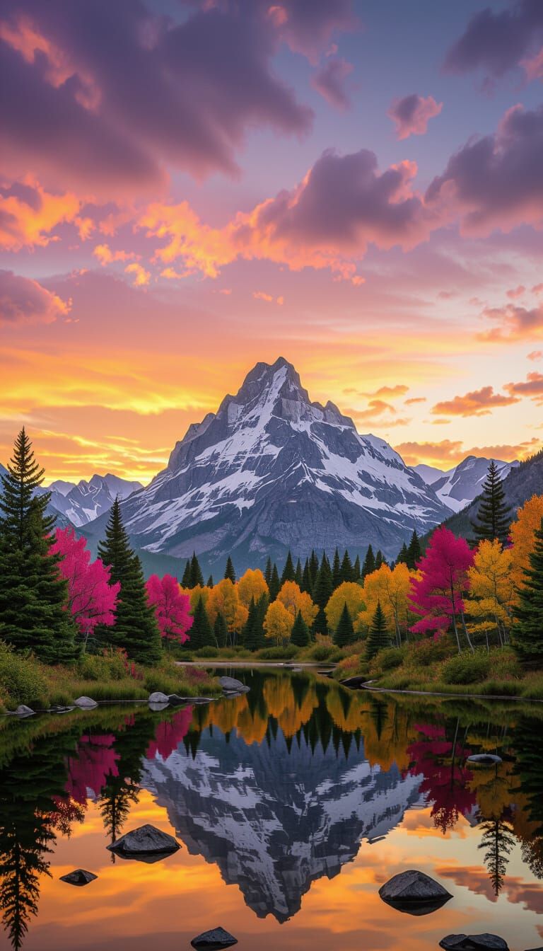 Vibrant Mountain Sunset Over Reflective Autumn Lake