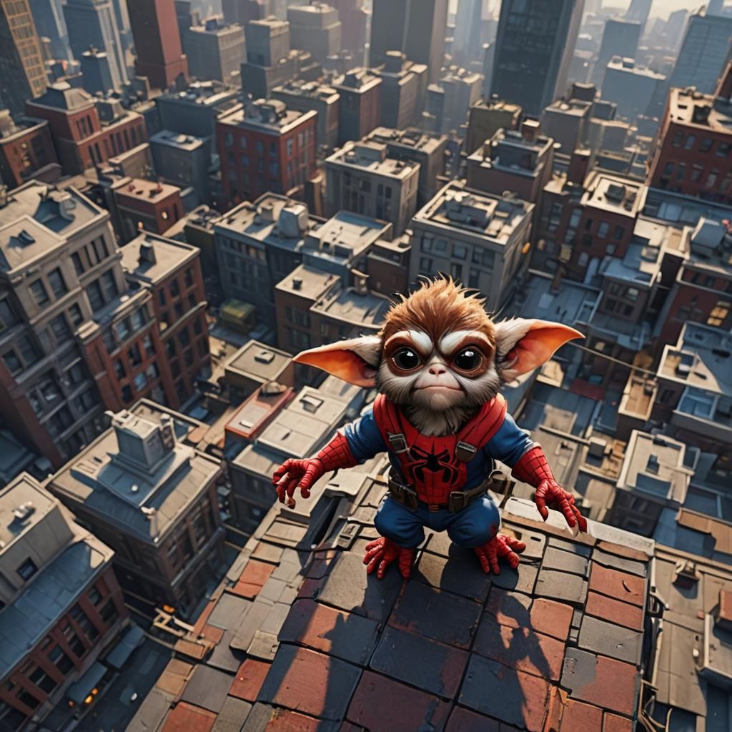 Gizmo Gremlin as Spider-Man on Skyscraper Roof