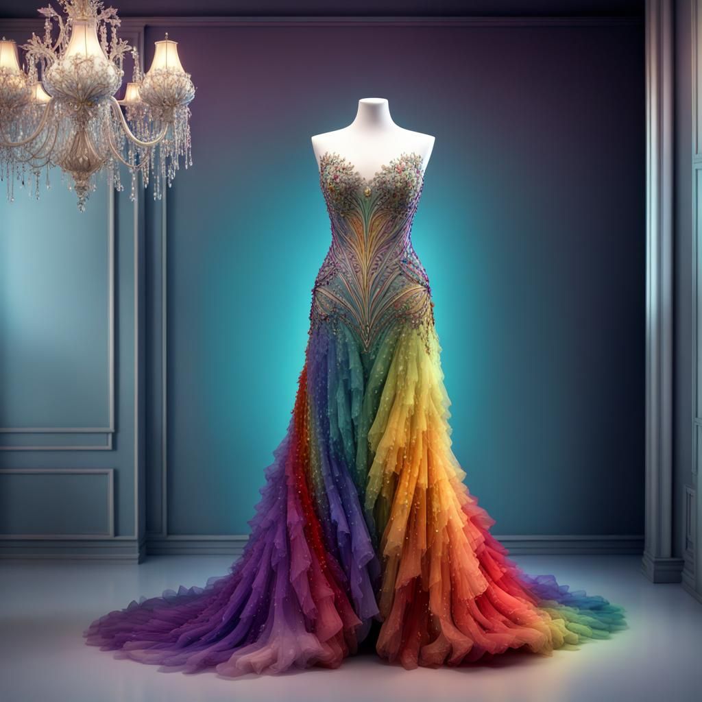 Rainbow Diamond Gala Dress on Mannequin, Digital Painting