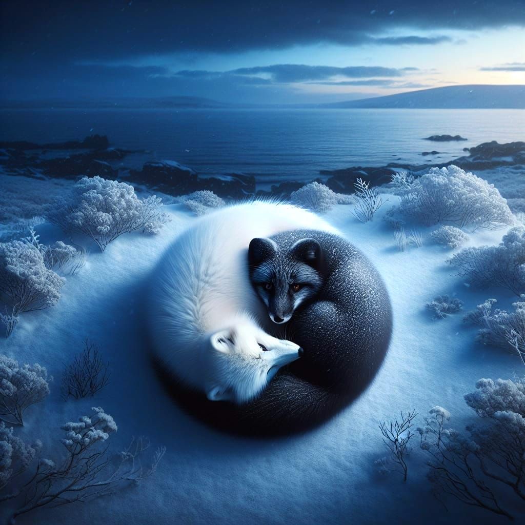 Yin Yang Foxes in Romantic Style Winter Landscape