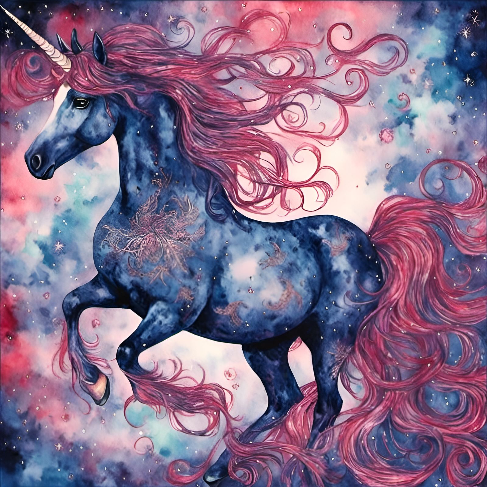 Ethereal Sky Unicorn Collage in Watercolor Style