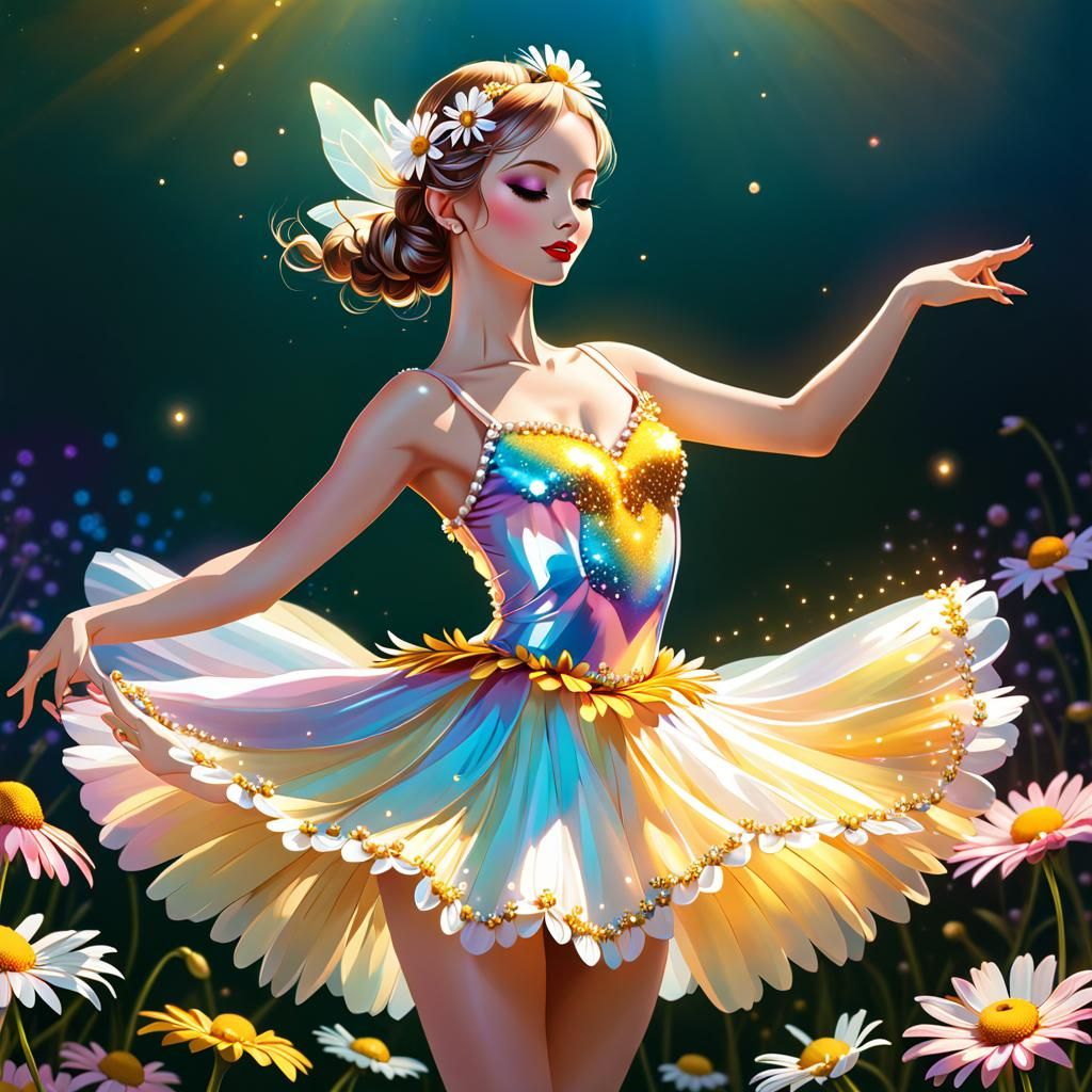 Fairy Ballerina Dancing on Daisy in Golden Hour