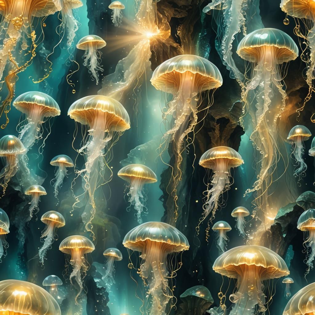 Submerged Maiden in Iridescent Cavern with Jellyfish