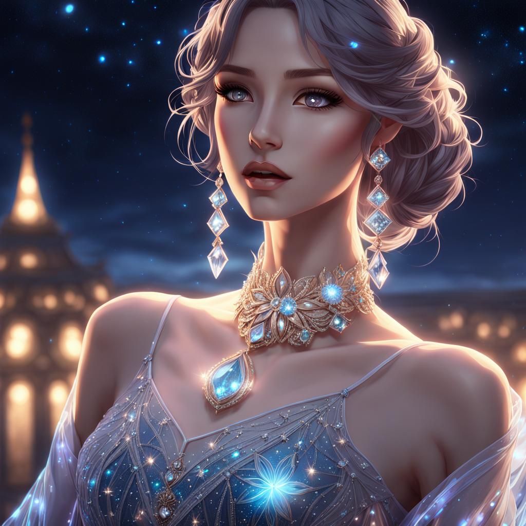 Woman in Glass Dress Against Night Sky, Anime Art