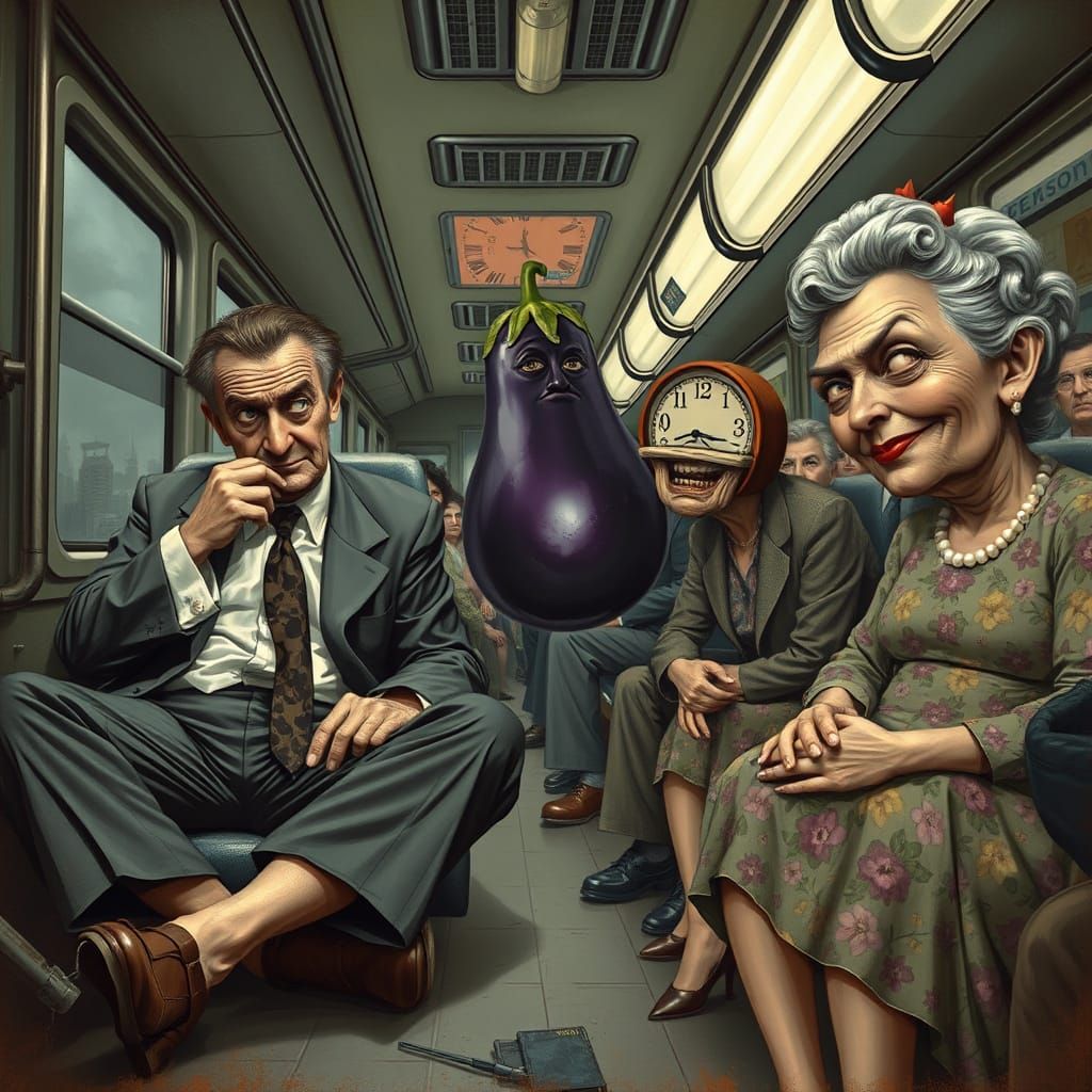 Surrealist Scene: A Man Picking His Nose on a Bus