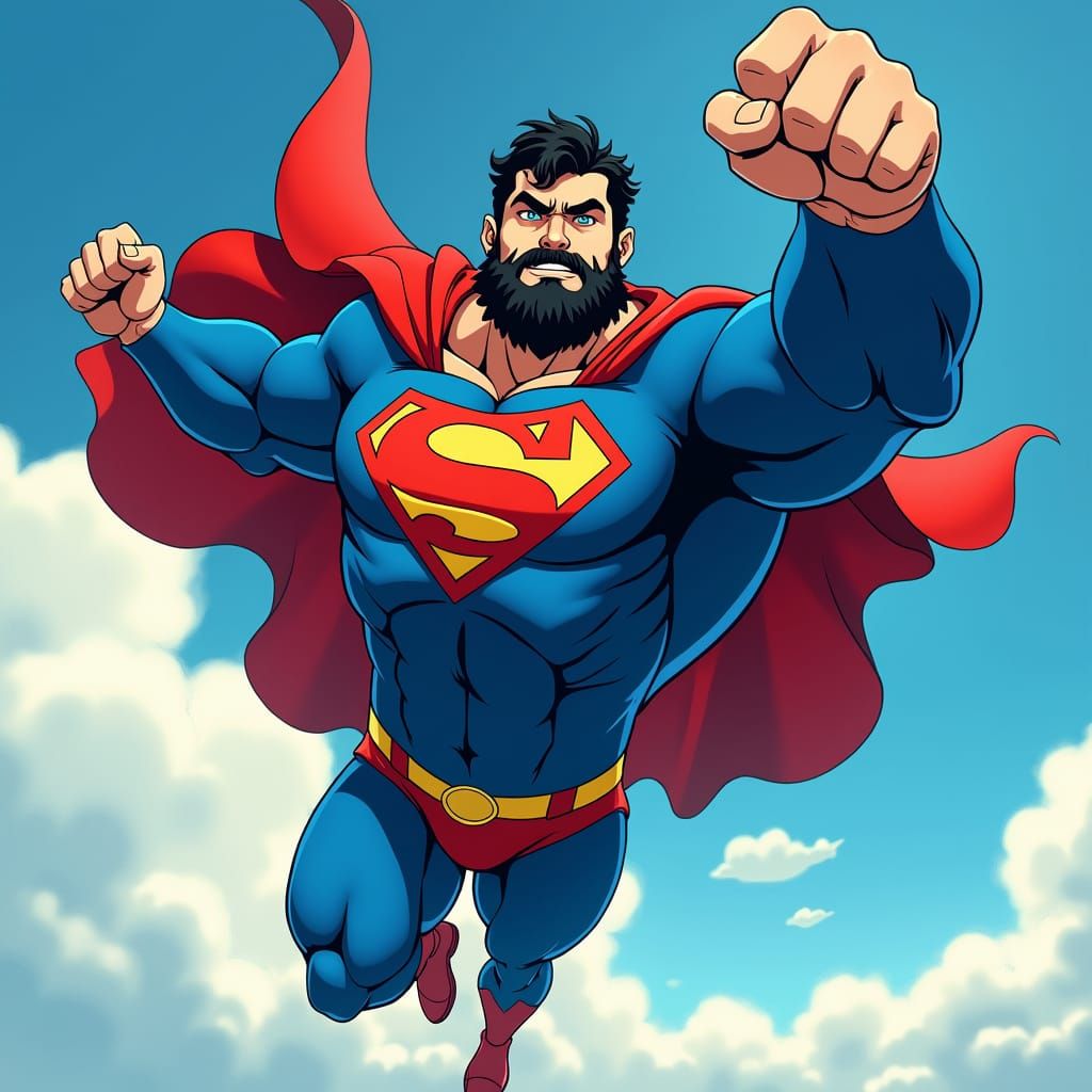 Anime-Style Man with Giant Mustache Flying Like Superman