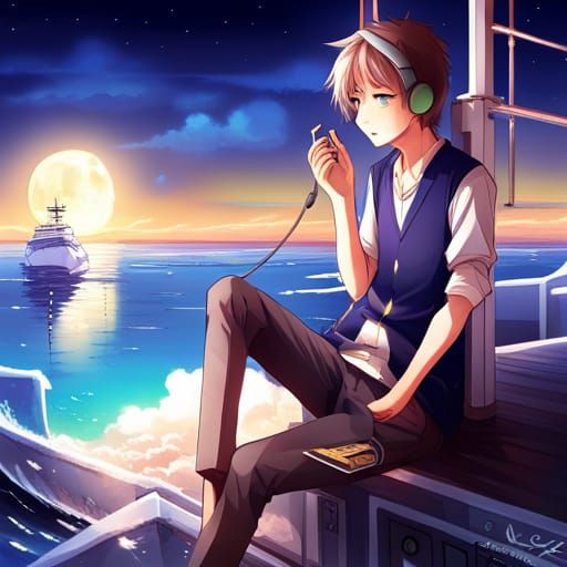 Anime Boy Listening to Music on Ship
