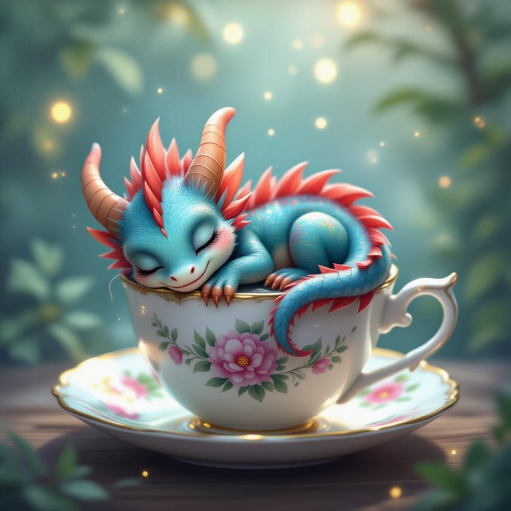Tiny Colorful Dragon Sleeps in Teacup