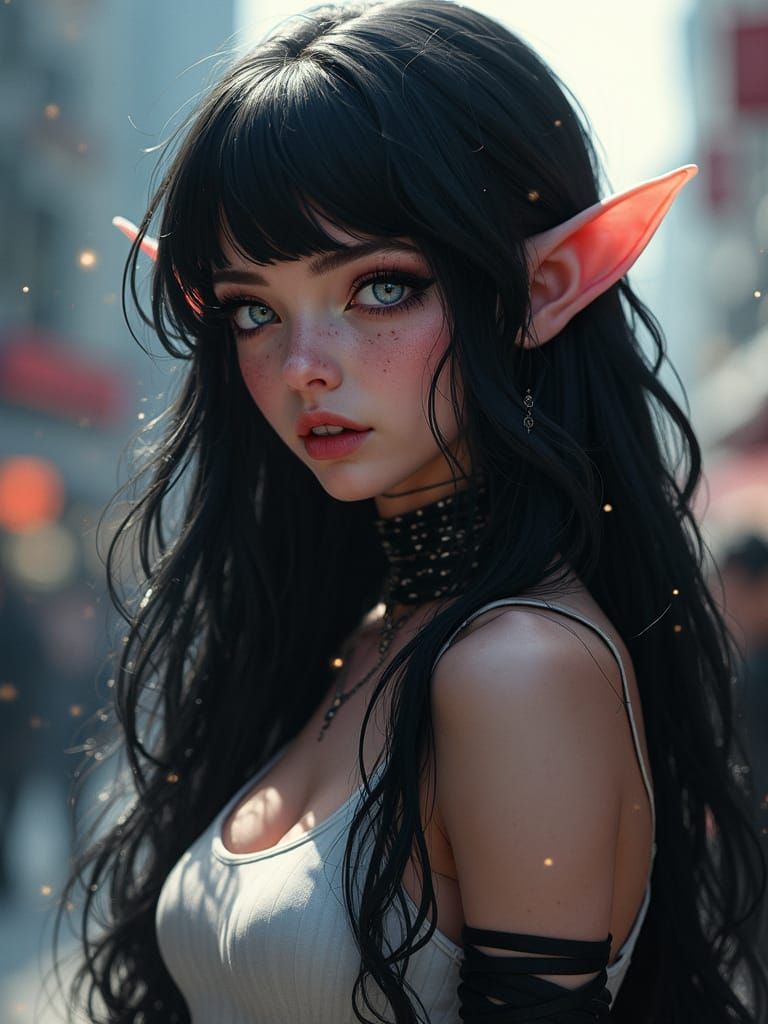Gothic Elf with Black Hair in Photorealistic Style
