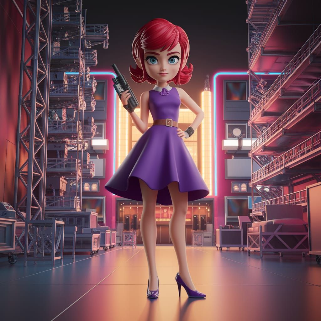 Young Anime Spy Stands Confidently on Vibrant Movie Set