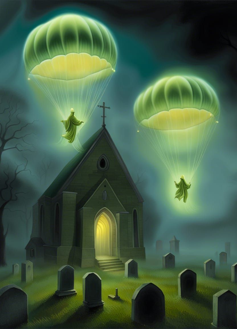Luminous Ghosts Parachuting in Misty Graveyard