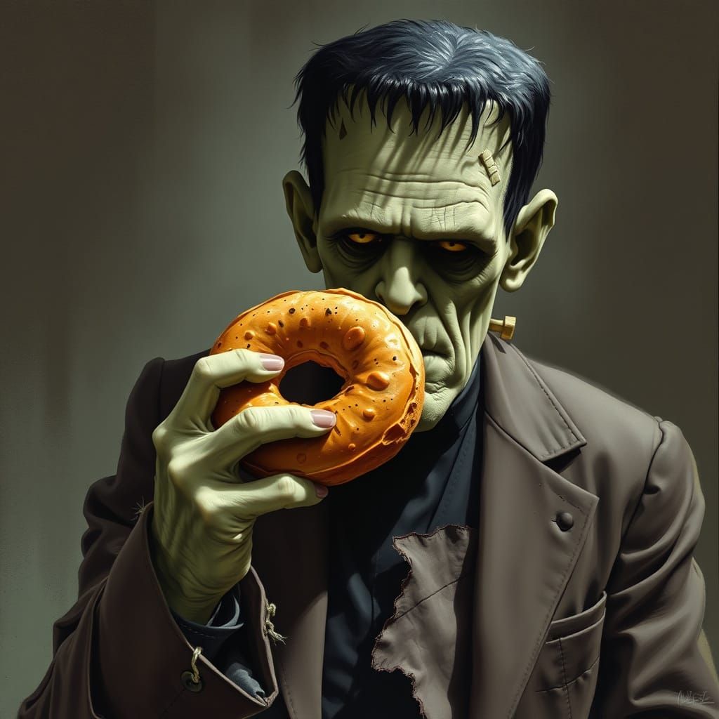 Frankenstein's Monster Eyes a Bagel in Gogos Style
