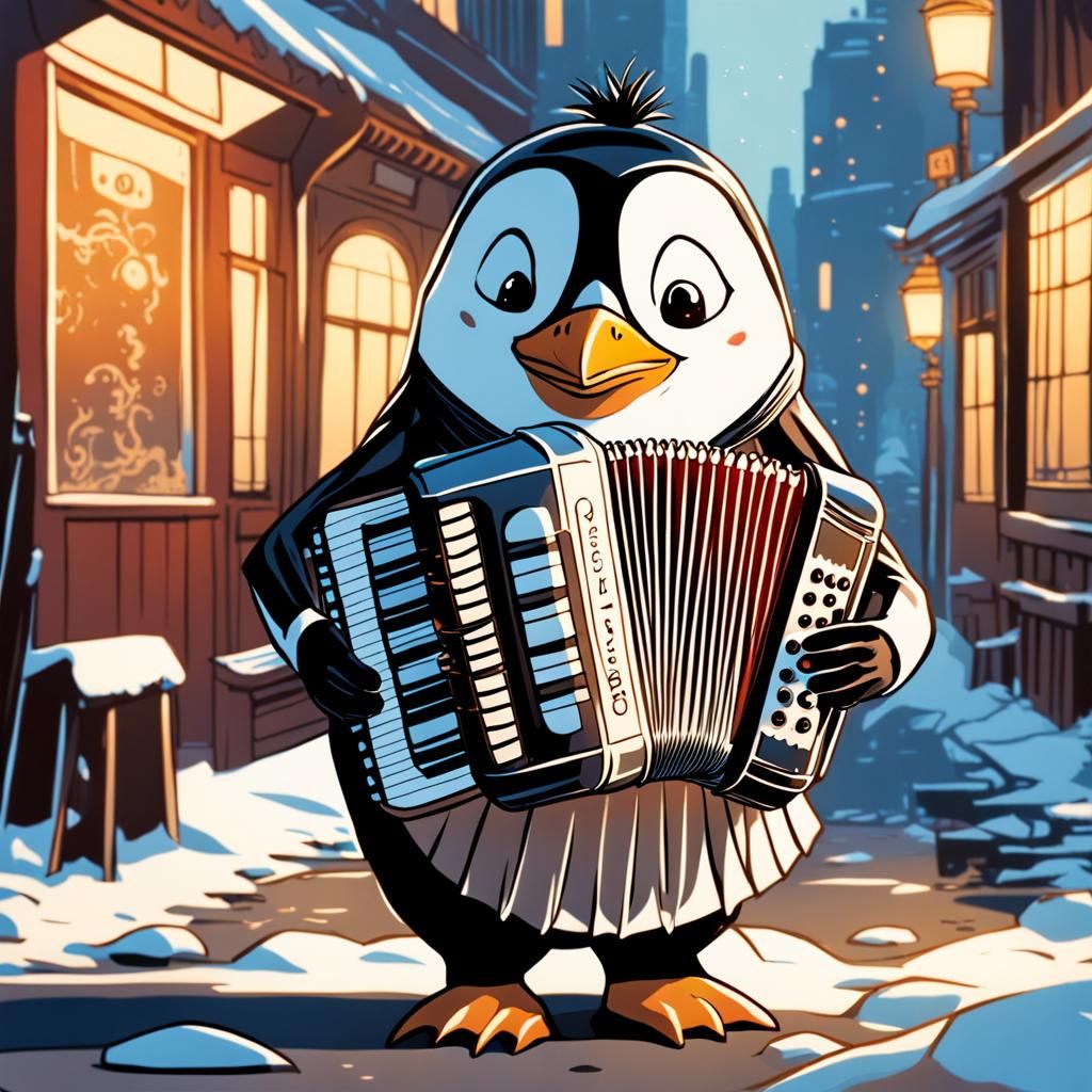 Penguin Accordion Player in Sci-Fi Comic Style
