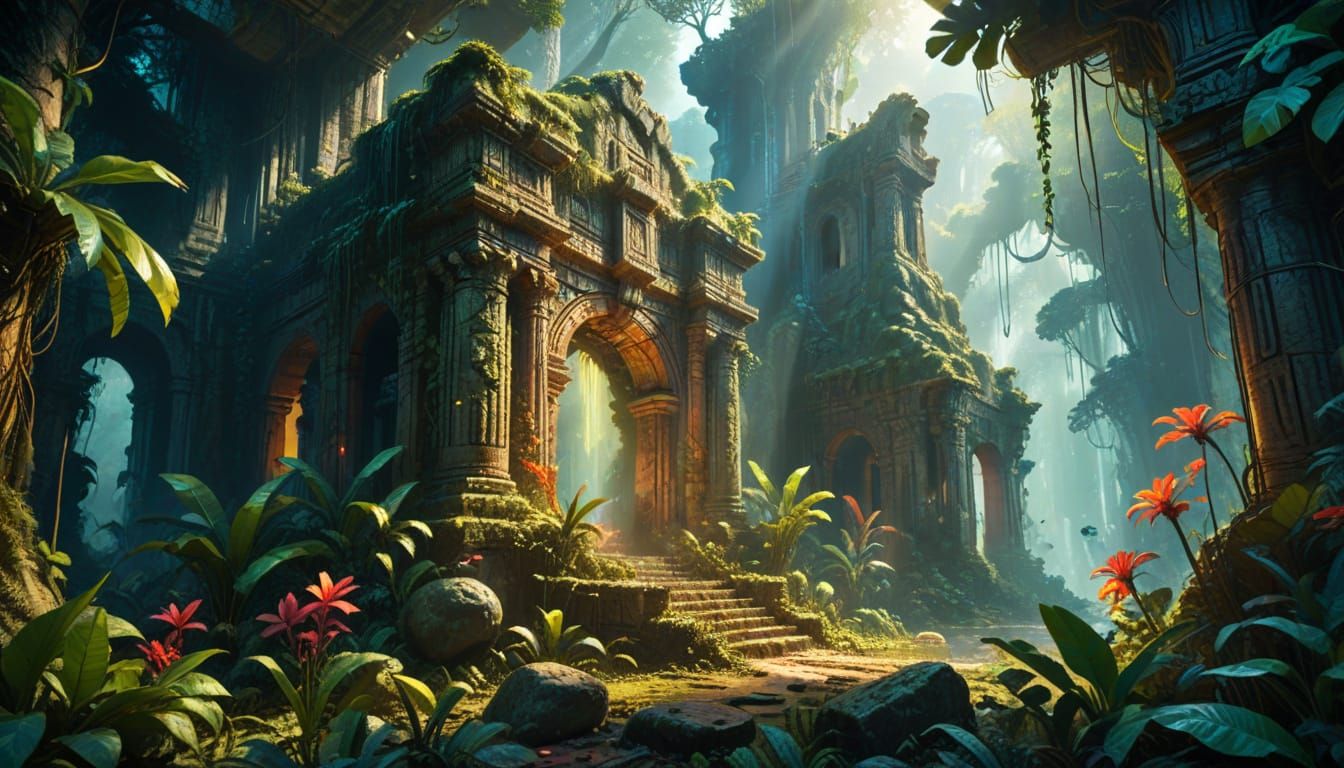 Lost City in Vibrant Jungle, Hyperrealistic Concept Art