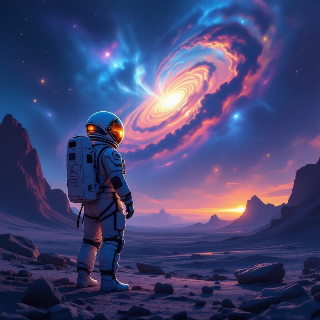 Astronaut on Alien Planet Gazing at Nebula