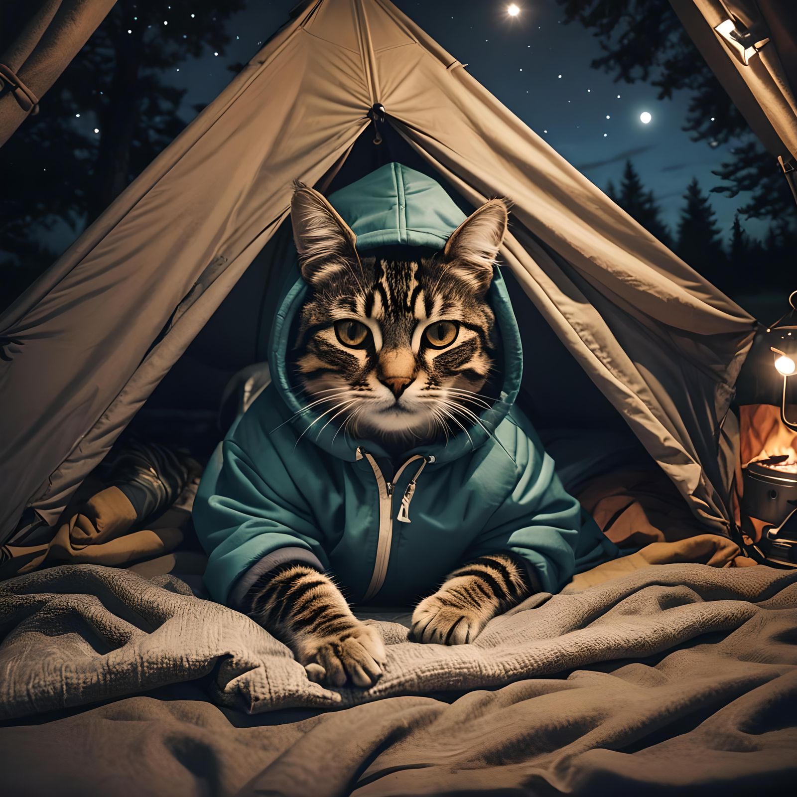 Cozy Cat Camping at Night: Digital Art