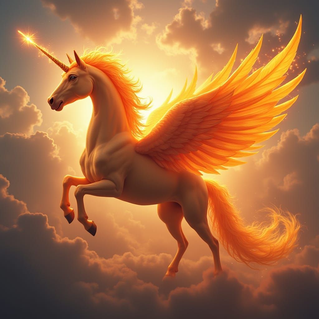 Firey Unicorn Hybrid with Phoenix Wings in Heavenly Sunshine