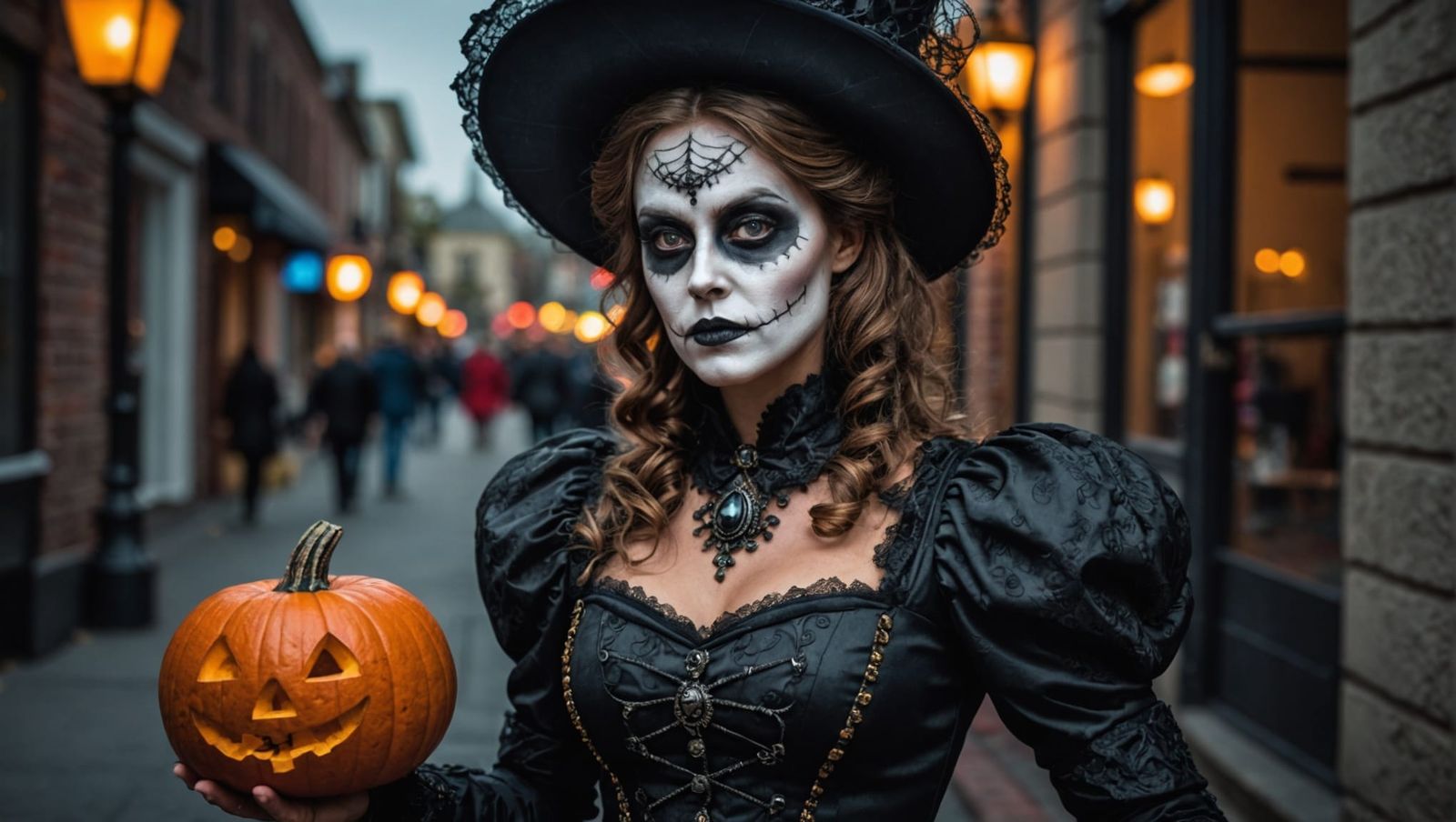 Halloween Costume Lady with Pumpkin, Hyperrealistic Image