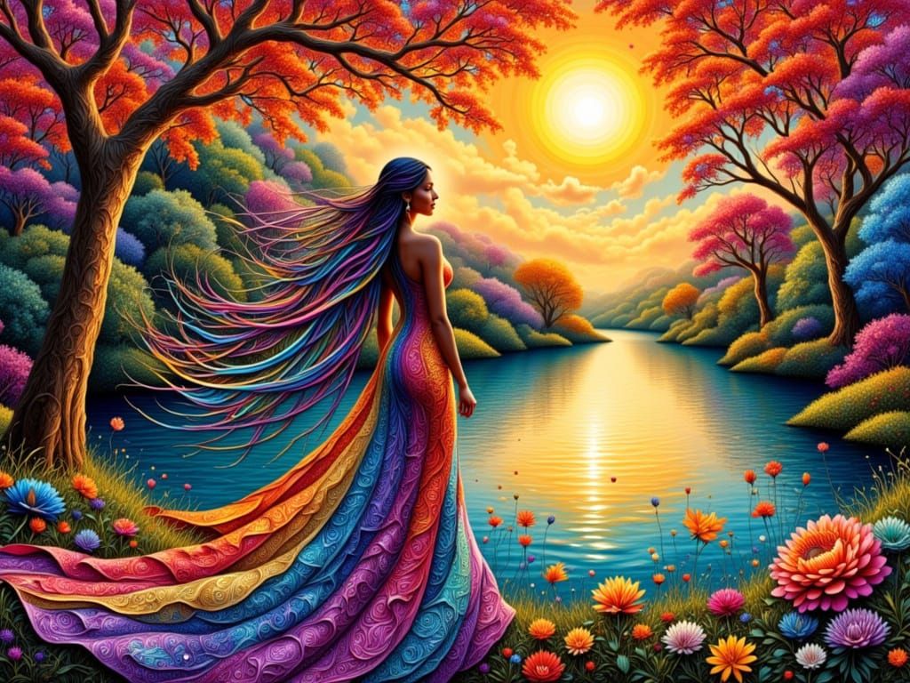 Dreamlike Zentangle Goddess in Vibrant Rainbow Hues