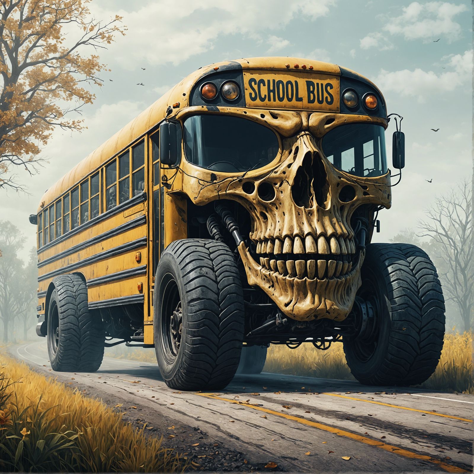 Terrifying Skull School Bus on Eerie Road