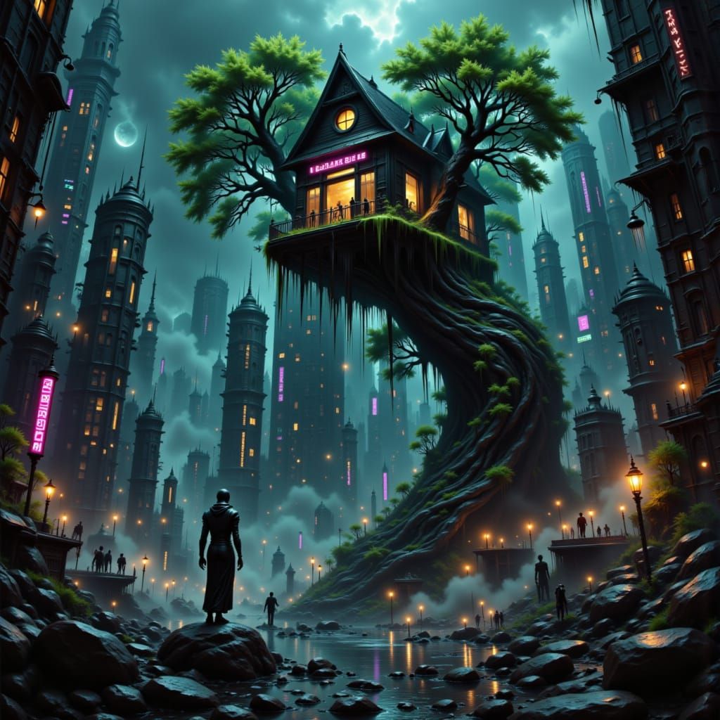 Cyberpunk Treehouse Ruins Overlooking Neon City