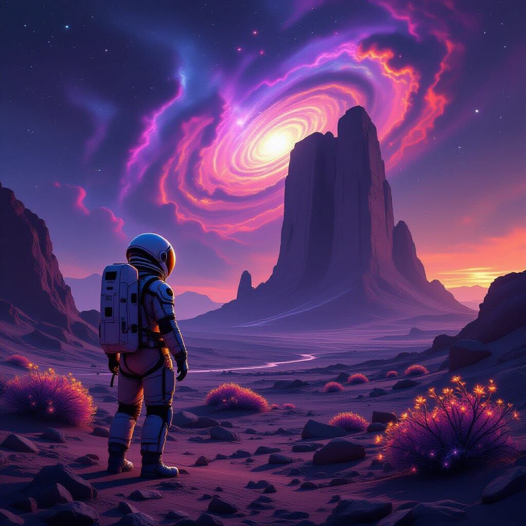 Astronaut Explores Alien Ruins Under Nebula