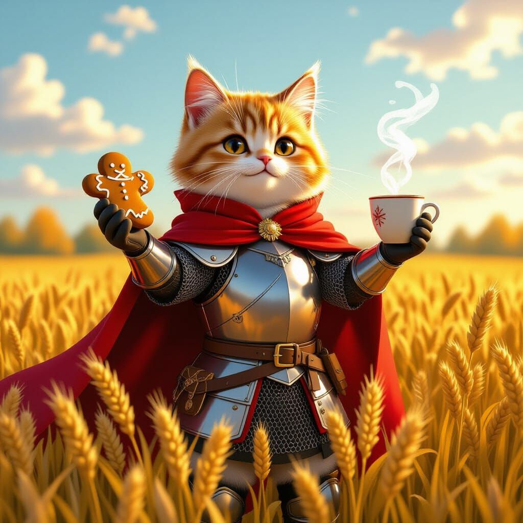Anime Cat Hero in Rye Field with Gingerbread