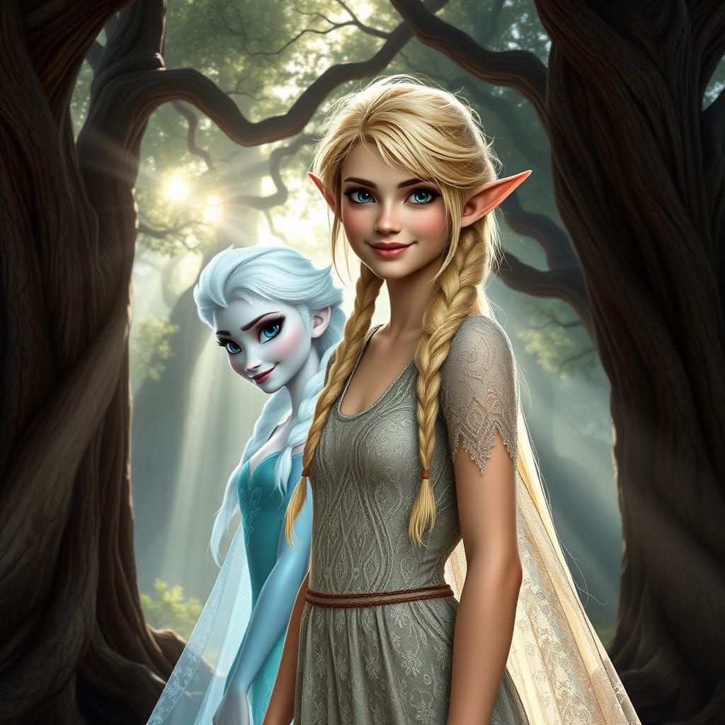 Ethereal Elf Maiden Surrounded by Whispers of Enchanted Fore...