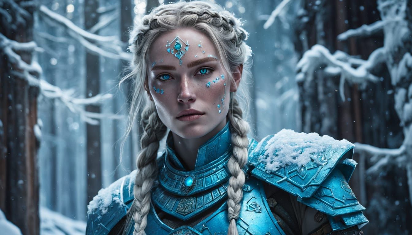 Epic Fantasy Warrior in Icy Snowy Landscape