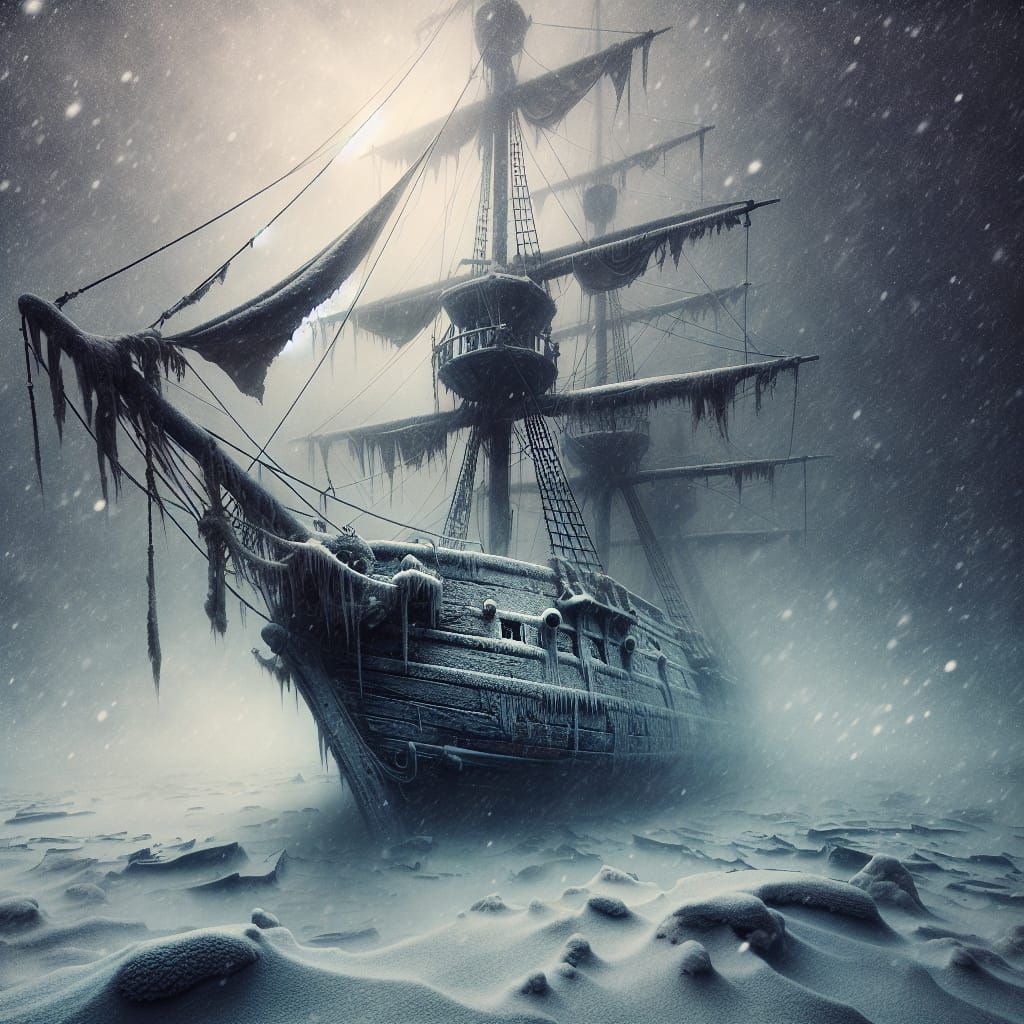 19th-Century Sailing Vessel Emerges from Arctic Blizzard Fog...
