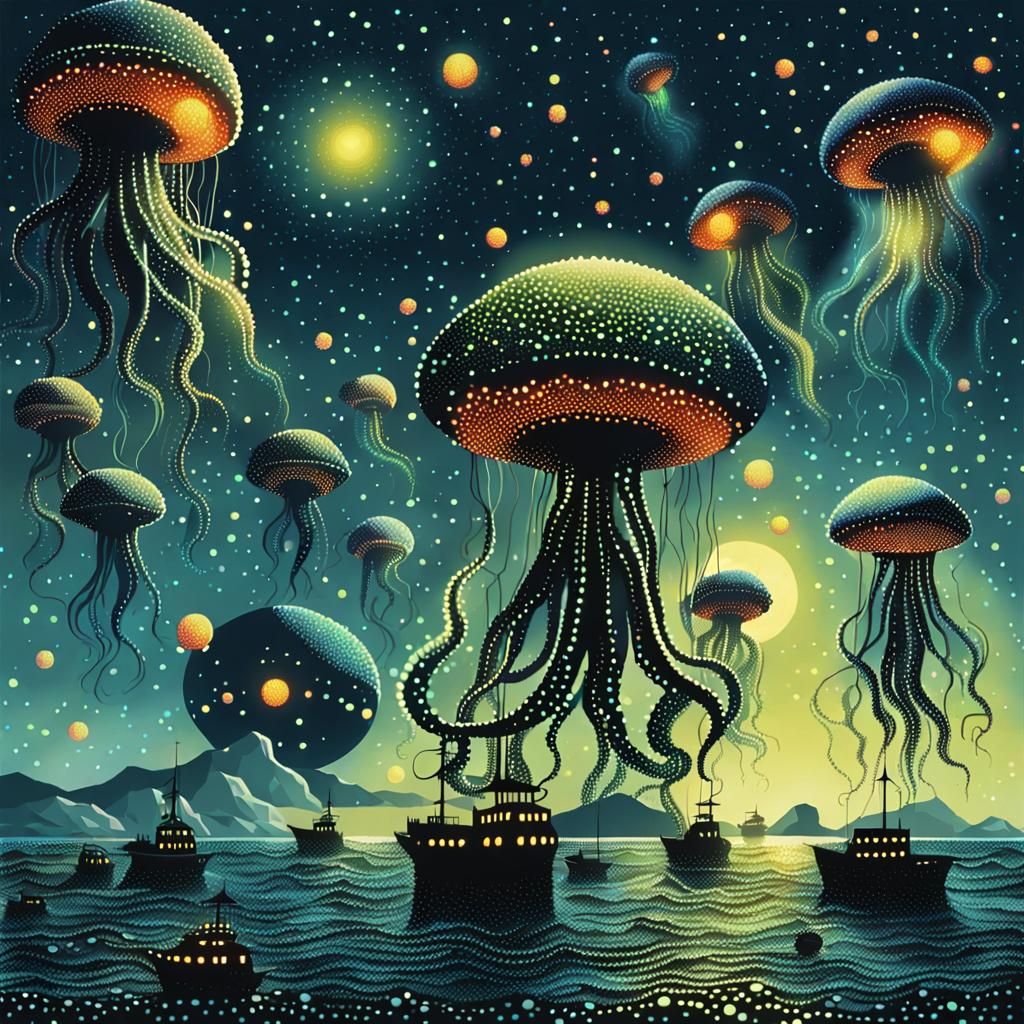 Alien Fleet Above Ocean in Pointillism Style