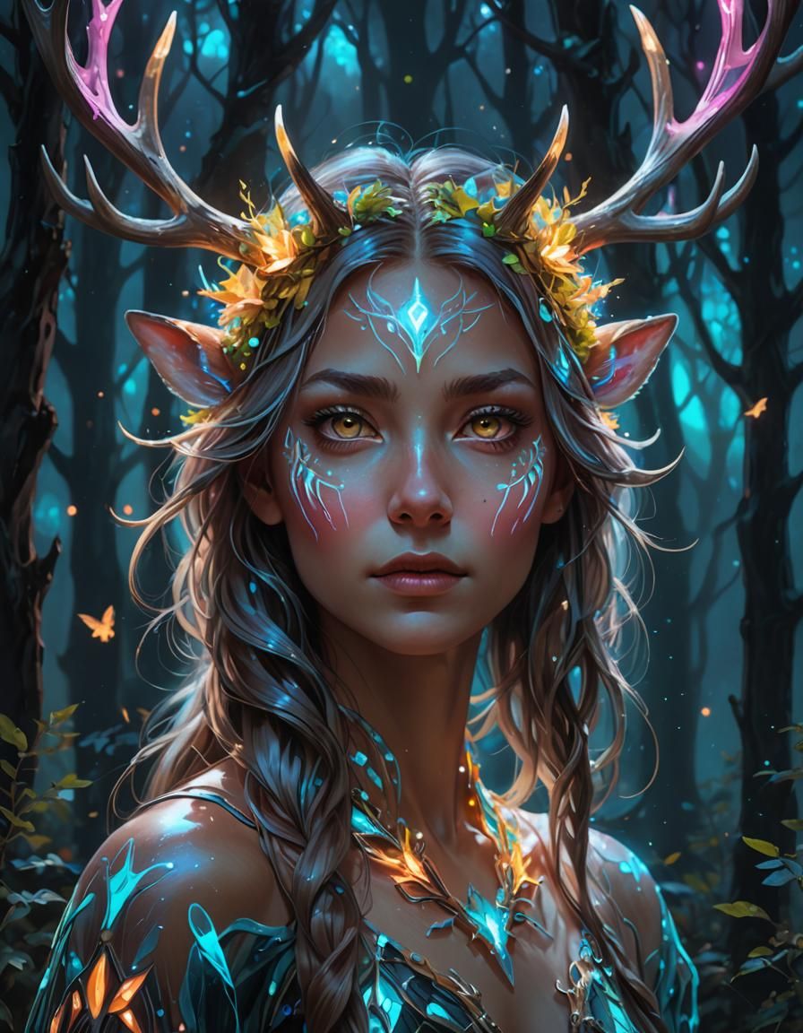 Bioluminescent Fawn Girl Portrait in Fantasy Art Style