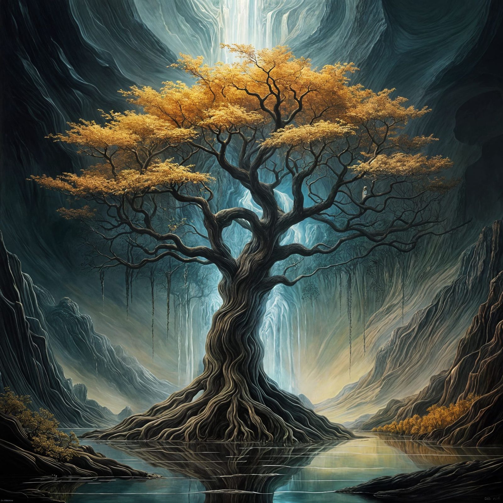 Surreal Tree of Life in Vibrant Oil Painting