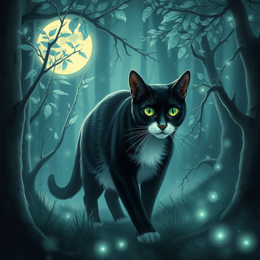 Mystical Moonlit Forest Black Cat